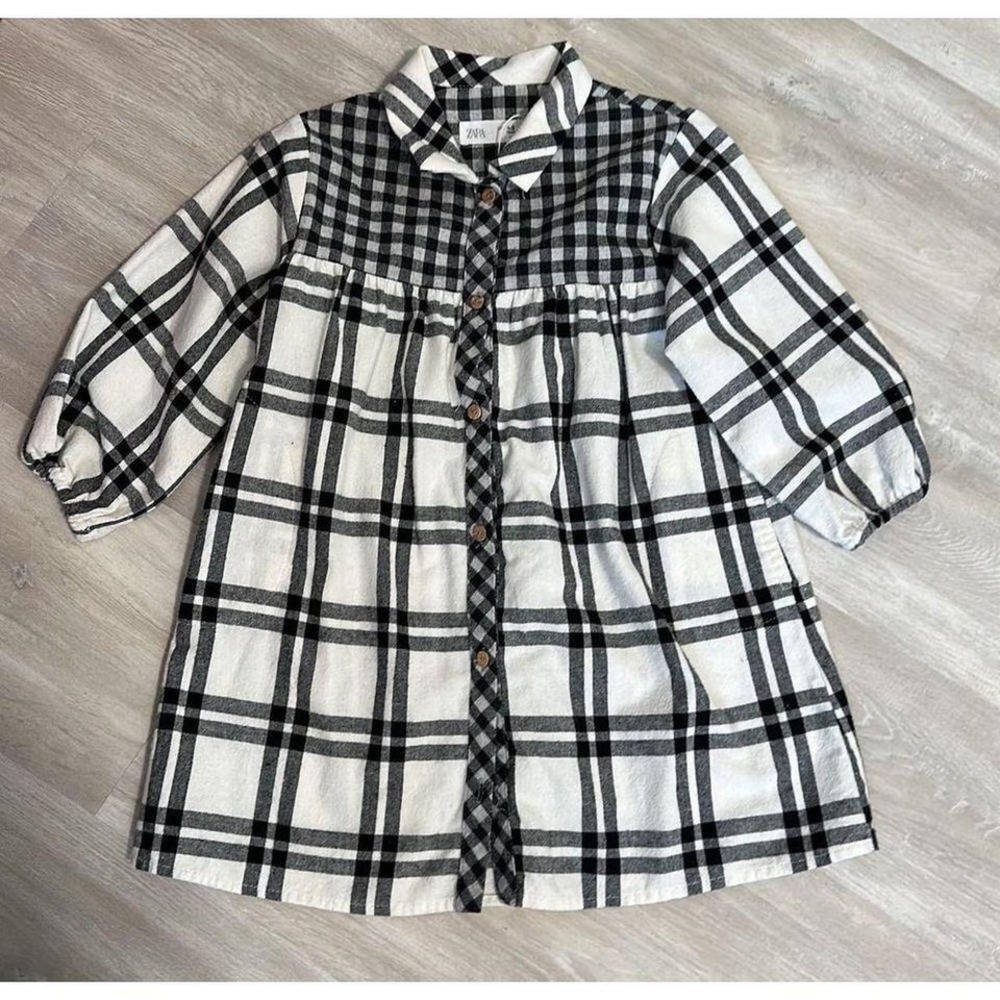 Zara Kids Plaid Button Front Dress Long Sleeve White Black Size 4-5 Years